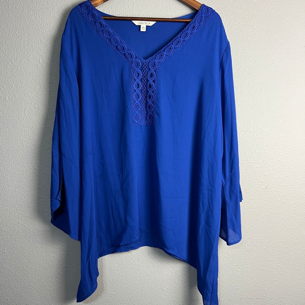 Pioneer Woman Blouse Top Crochet Trim Bell Sleeve Flowy Royal Blue Plus Sz‎ XXXL